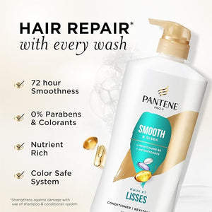 Pantene Conditioner Smooth and Sleek - Frizz Control with Antioxidants Nourishing for All Hair Types - Curly Dry Color-Treated 25.1 Oz Each 2-Pack + Miracle Rescue Shot (0.5 Oz)