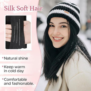 SEGO Beanie Wig for Women Hat with Hair Extensions Cap with Hair Attached for Women Synthetic 11 Inch Straight Hairpiece Winter Warm Black and White Knitted Hat Wigs 01