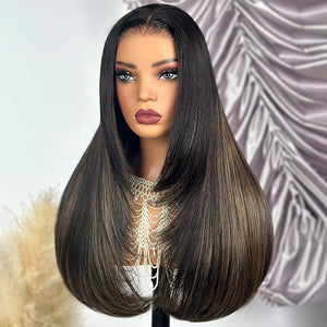 TESLAL Balayage Wear and Go Glueless Wigs Human Hair Pre Cut HD Lace Wig 6X6 Layered Straight Wigs For Women 260% Density Synthetic Human Hair Blend Wig By Crafted Technology 24Inch