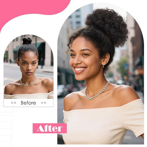 Hairro Afro Puff Hair Bun For Kids Human Hair Drawstring Ponytail Extensions For African Black Women Girls Remy Kinky Curly Scrunchy Hairpieces 54g 8 #1B Natural Black