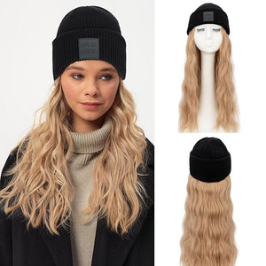 S-noilite Beanie Wig Hair Extensions,18 Inch Long Wavy Hair Extensions with Knitted Hat Hairpieces for Women Winter Ash Blonde
