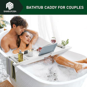 Foldable Bamboo Bathtub Caddy Tray Expandable for Luxury Bath Bath Accessories &amp Table with Wine Glass Holder Book Stand Bathroom Organizer with Extending Sides for Men/WomenWhite