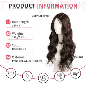 Hair Topper 24 Inch Long Wavy Toppers Hair Pieces for Women Thinning Hairs Lace Hand-Tied Hairline Synthetic Heat Resistant Clip in Hairpieces 6"x6"Large Base for Daily Use Dark Brown