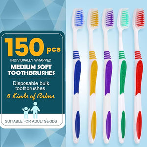 Navona 150 PCS Premium Individually Wrapped Bulk Toothbrush Pack Disposable Toothbrushes Kids Toothbrush Medium Soft Bristle Toothbrushes Ergonomics Handle Perfect for Travel Hotel Donation