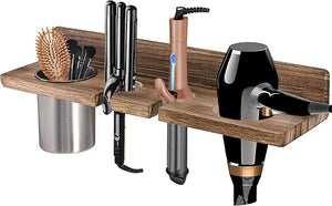 Bathroom Wall Mounted Hair Dryer Holder Hair Care &amp Styling Tool Organizer Farmhouse Wooden Beauty Hair Appliance Holder for Flat Iron Curling Wand Hair Straighteners Brushes