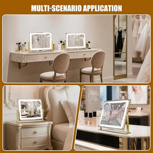 Vanity Mirror with Lights, 16"¡¿12" LED Makeup Mirror, HD Professional Mirror, 10X Magnification, Smart Touch with 3-Color Lighting, Dimmable, 360¡Æ Rotation, Lighted Up for Makeup Desk, Bedroom (Gold)