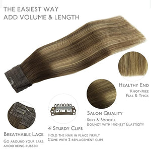 WENNALIFE Wire Hair Extensions (Increase 50% Lifespan) Real Human Hair 22 inch 150g Balayage Chocolate Brown to Caramel Blonde Remy Real Hair Extensions Invisible Wire Human Fish Line