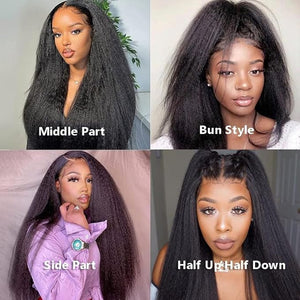 22 Inch Kinky Straight Human Hair Wigs Yaki Straight Lace Front Human Hair Wigs, 180 Density Brazilian Kinky Straight Wigs for Black Women Natural Color