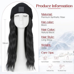 S-noilite Beanie Wig,Long Wavy Hair 18" Hat with Hair Attached for Women Winter Synthetic HairExtension Hairpiece for Women Natural Black