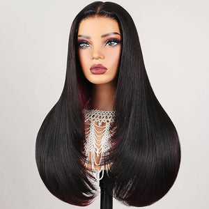 TESLAL Burgundy Mixed Black Wig Wear and Go Glueless Human Hair Blend Wig Pre Cut HD Lace 6X6 Layered Straight Wigs For Women 260% Density Synthetic Mixed Human Hair Wigs By Crafted Technology 26Inch