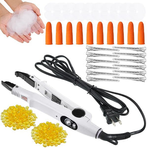 Hair Extensions Iron Fusion Keratin Hair Extensions Heat Tool Heat Connector Wand with Fusion Glue Protector Template Hair Clip Finger Protector 2 Bag Keratin Glue Granule Bead(White)