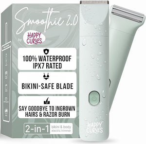 HAPPY CURVES Smoothie 2.0 Bikini Trimmer - Electric Razor for Women, Waterproof Hair Groomer with Adjustable Guards, Personal Shaver for Pubic Hair, Ladies Intimate Shaver and Body Trimmer (Mint)