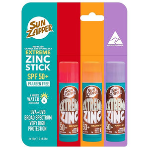 Sun Zapper Extreme Zinc Stick Triple Pack ? SPF 50+ Water Resistant Sunscreen ? Red Orange Purple ? 15g Each ? Made in Australia