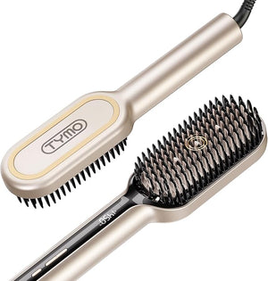 TYMO Hair Straightener Brush - Upgraded Ionic Plus Straightening Brush with Dense Bristles 16 Temps Dual Voltage | Ceramic Hot Comb for Women | Flat Iron for Thick Curly Hair Gold