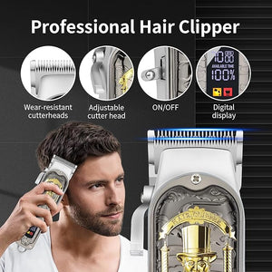 HIENA PRO Professional Hair Clipper Set for Men Rechargeable Cordless Clippers and Trimmers Set Electric Foil Shavers and Beard Trimmers Hair Cutting Tools with LED Display Gifts for Men