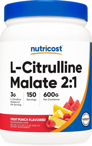 Nutricost L-Citrulline Malate 2:1 (600g) Fruit Punch - Workout Support Muscle Performance Nitric Oxide Booster - Fitness Supplement Powder 75 Servings