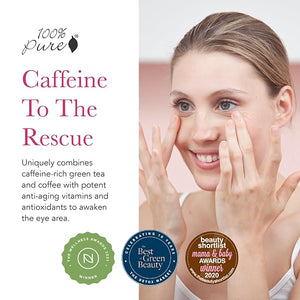 100% PURE Coffee Bean Caffeine Eye Cream Refresh &amp Hydrate Under Eye Treatment Reduce Puffiness Dark Circles Wrinkles with Green Tea Rose Hip Vitamin E - Youthful Vibrant Eyes - Vegan - 1 oz