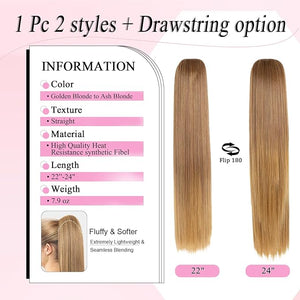 Ponytail Extension, 24" Long Straight Claw Clip Ponytail Extension clip on ponytails hair clip Hair claw clip Fake Ponytail Hairpieces for Women - Golden Blonde to Ash Blonde