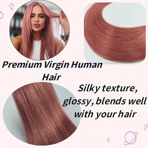 Rose Gold Pink Tape in Hair Extensions Human Hair Invisible Seamless Diy Hair Extensiosn Tape in 22 Inch Long Straight Hair 20Pcs for Cosplay