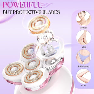 Electric Razors for Women Legs - Painless Body Shavers for Sensitive Skin - 5 in 1 Cordless Lady Trimmer for Women's Leg, Bikini and Face - Waterproof Wet/Dry Remover, Rechargeable, Pink