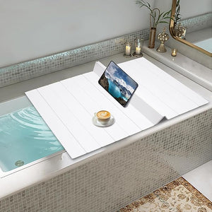 Bathtub Tray Foldable Waterproof Bathtub Insulation Cover with 0.65cm Thickness Anti-dust PVC Shutter Bath Lid Store Wine Glass Books Tablets Cellphones (White 150 * 70 * 0.65 CM)