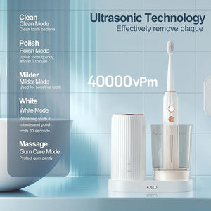 Electric Toothbrush Set with Drying &amp Sanitizing Holder 8 Replacement Brush Heads Transparent Rinse Cup Smart Timer USB Rechargeable for Adults