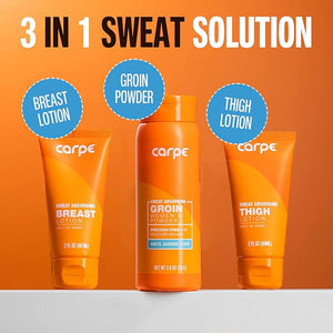 Carpe Women's Sweat Bundle Deal (1x Breast Sweat Absorbing Lotion 1x Thigh Chafe Lotion 1x Groin Powder) Women's Deodorant - Helps Absorb Excessive Sweat w/Odor Protection for Sensitive Lady Parts