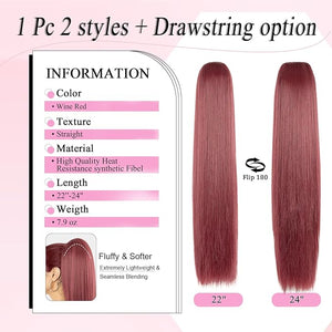 Ponytail Extension 24 Long Straight Claw Clip Ponytail Extension clip on ponytails hair clip Hair claw clip Fake Ponytail Hairpieces for Women - Wine Red