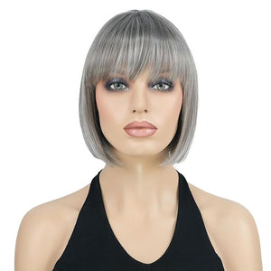Lydell 8 Straight Short Bob Hair Flat Bangs Cute Central Dot Skin Top Heat Resistant Synthetic Wigs (48T Light Gray with Dark Root)