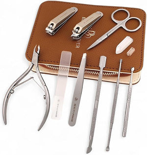 9 in 1 Professional Manicure Pedicure Set - Stainless Steel Nail Clippers Nano File Cuticle Nipper Scissors Tweezers Travel PU Leather Case for Men &amp Women - Gift Ready (Brown)