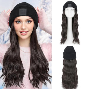 S-noilite Beanie Wig Hair Extensions18 Inch Long Wavy Hair Extensions with Knitted Hat Hairpieces for Women Winter Medium Brown