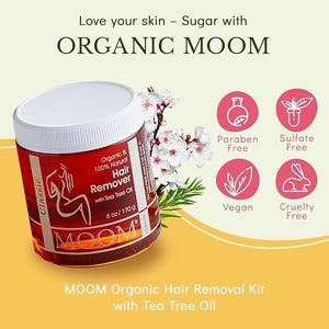 MOOM Organic Sugar Wax with Tea Tree Oil, 6 oz Jar, Hair Removal for Bikini, Brazilian, Face &amp; Legs - Soft Wax for Sensitive Skin, Wax Beads Alternative For Women &amp; Men (Strips &amp; Sticks NO