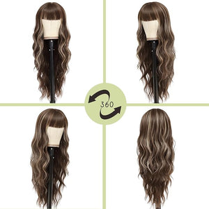 NAYOO Brown Wigs with Bangs for Women Long Curly Wavy Hair Wigs Heat Resistant Synthetic Fiber Wigs for Daily Party Use 26 Inches (Brown Mixed Blonde)