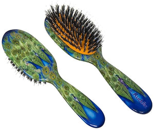 Rock &amp Ruddle Natural Mixed Boar Bristle Hair Brush for Women and Kids (Small/Travel Size 17.5cm) - Perfect for Wet or Dry Hair Detangling Smoothing Blowdrying - Made in UK - Peacocks Design