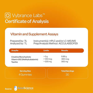 Creapure Creatine Gummies 5g + Taurine &amp B12 - Sugar-Free Vegan Gluten-Free - Citrus Mango - 120 Count (30 Servings) for Strength Energy &amp Focus