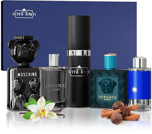 Mens Cologne Gift Sets Bundle Mini Bottle ? Designer Mens Cologne Sampler Sets with Refillable Atomizer ? Box Includes Versace Moschino Mont Blanc Jimmy Choo Travel Size (0.17 Oz Each)
