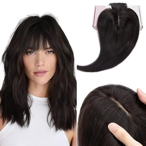 Elailite Hair Toppers for Women Real Human Hair Topper with Bangs Thinning Thin 5.1"x2.8" Silk Base Clip in Remy Hairpieces 18 Inch Natural Black