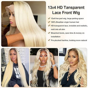 Ombre Blonde 1B613 13x4 HD Lace Front Wig 34 Inch 180% Density Human Hair Glueless Wigs with Natural Dark Roots for Black Women 1B613 Lace Frontal Wig Pre Plucked Bleached Knots Long Blonde Ombre Wigs