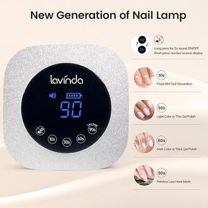 Lavinda UV LED Nail Lamp 54W Frosted Silver Glitter Rechargeable Cordless Nail Dryer Gel Light with 4 Timer Settings for Gel Polish Nails Elegant Matte Shimmer Finish Auto Sensor for Salon &amp Ho