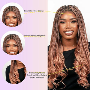 Wow Braids 18 360 HD Transparent Full Lace Knotless Braided French Curls Wig ? Synthetic Pre-Plucked With Baby Hair Curly Tips Color Rose-Gold Handmade Box Braided Wig for Black Women
