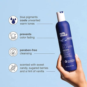 milk_shake cold brunette shampoo | toning shampoo with blue pigment to neutralize orange and red in brunette hair | strengthens boosts shine and extends color | SLS/SLES-free