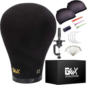 GEX 20"-24" Canvas Cork Wig Block Mannequin Head for Wig Making Drying Styling Display with Table C Clamp Stand Holder (Black 21")