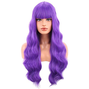 BERON Dark Purple Long Curly Wavy Wig with Bangs for Women Girls Purple Heat Resistant Synthetic Wig Cosplay Costume Party Daily Wigs