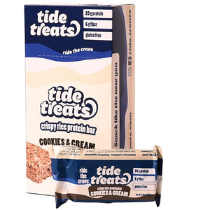 25g Protein Bar Crispy Rice Treat Cookies &amp Cream | Clean Ingredients No Added Sugar 7g Fiber Gluten Free | High Protein Snack for On-the-Go Post-Workout or Dessert Cravings | 8 Count | Tidetr