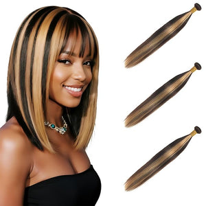 Highlight Straight Human Hair Bundles 10 12 14 Inch Brazilian Remy Virgin 10A Straight 3 Bundles Human Hair Hair Extensions Bundles P1B/27 Highlight