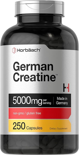 Horbaach German Creatine Monohydrate | 5000mg | 250 Powder Capsules | Non-GMO &amp Gluten Free Supplement