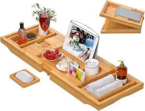 Bamboo Bathtub Caddy Tray Expandable for Luxury Bath, Bath Accessories &amp; Table with Wine Glass Holder, Book Stand Bathroom Organizer with Extending Sides for Men/Women,Natural