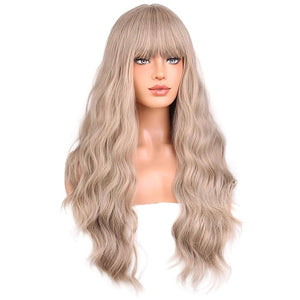 BERON Blonde Wigs Long Wavy Wig for Women with Bangs Costume Curly Heat Resistant Synthetic Hair Wigs for Cosplay or Daily