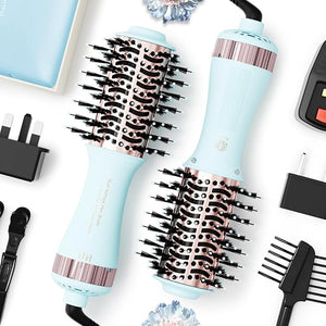 Travel Dual Voltage Hair Dryer Brush 4-in-1 Portable Mini Hot Air Blow Dryer Straightener &amp; Curler Brush, Titanium Round Blowout Styler Volumizer Tools, 110/240V US/EU/UK -Baby Blue &amp; Rose Gol