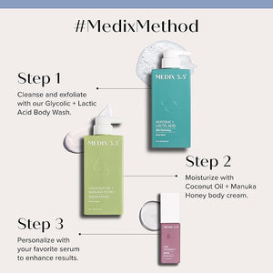 MEDIX Exfoliating Glycolic Acid Body Wash &amp Face Wash + Coconut Body Lotion Skin Care Set | Coconut Oil Lotion Body Cream &amp AHA + Lactic Acid Foaming Body Wash For KP Bumps Keratosis Pilaris